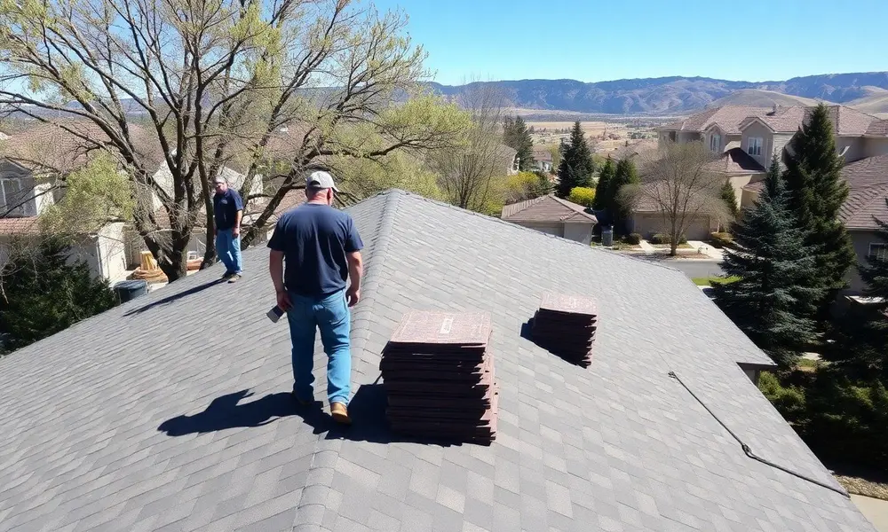 Roofing crew on a residential roof mid-install, shingle bundles staged on the slope