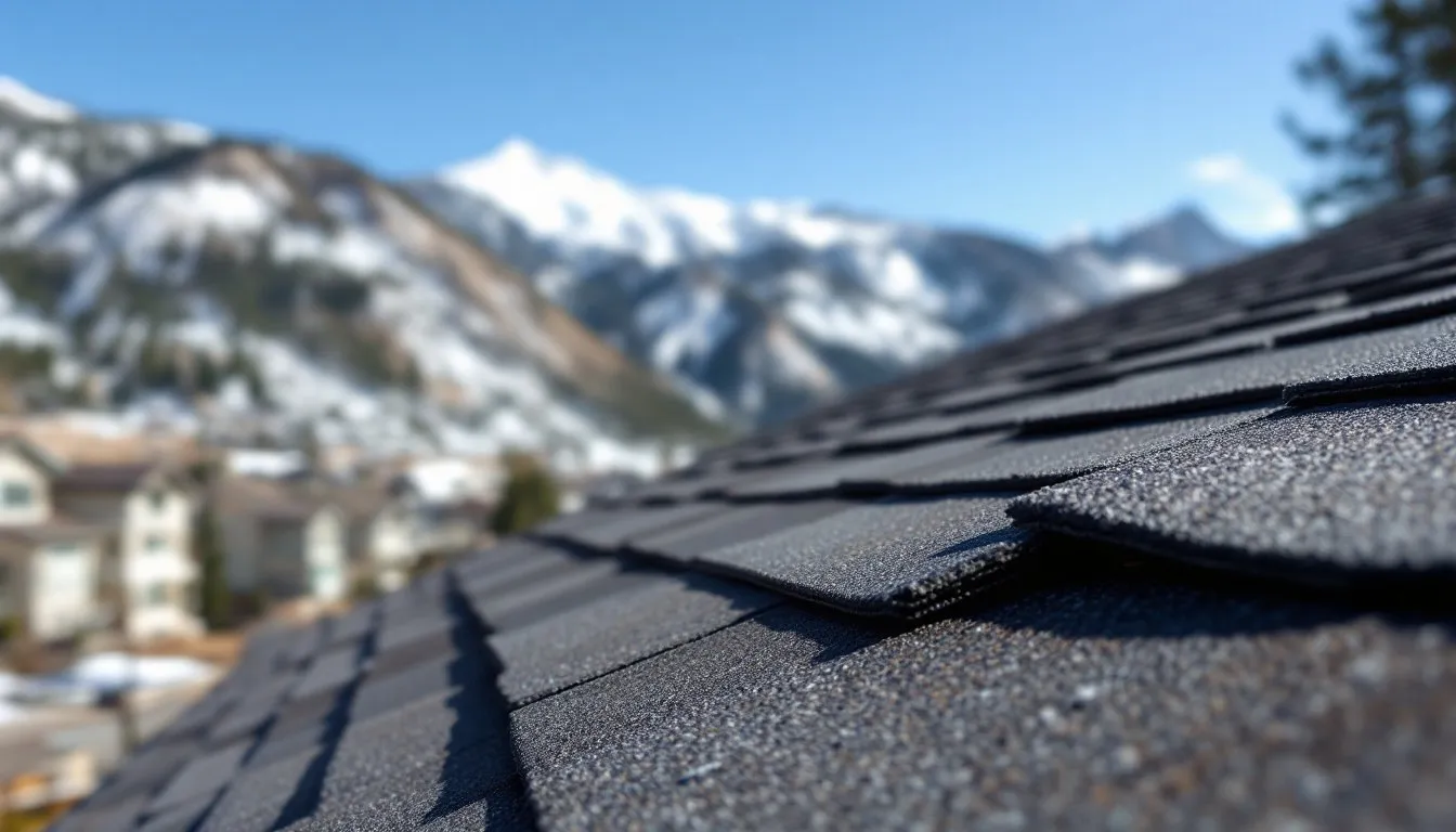 Asphalt shingle tabs lifted by wind on a bench-side home