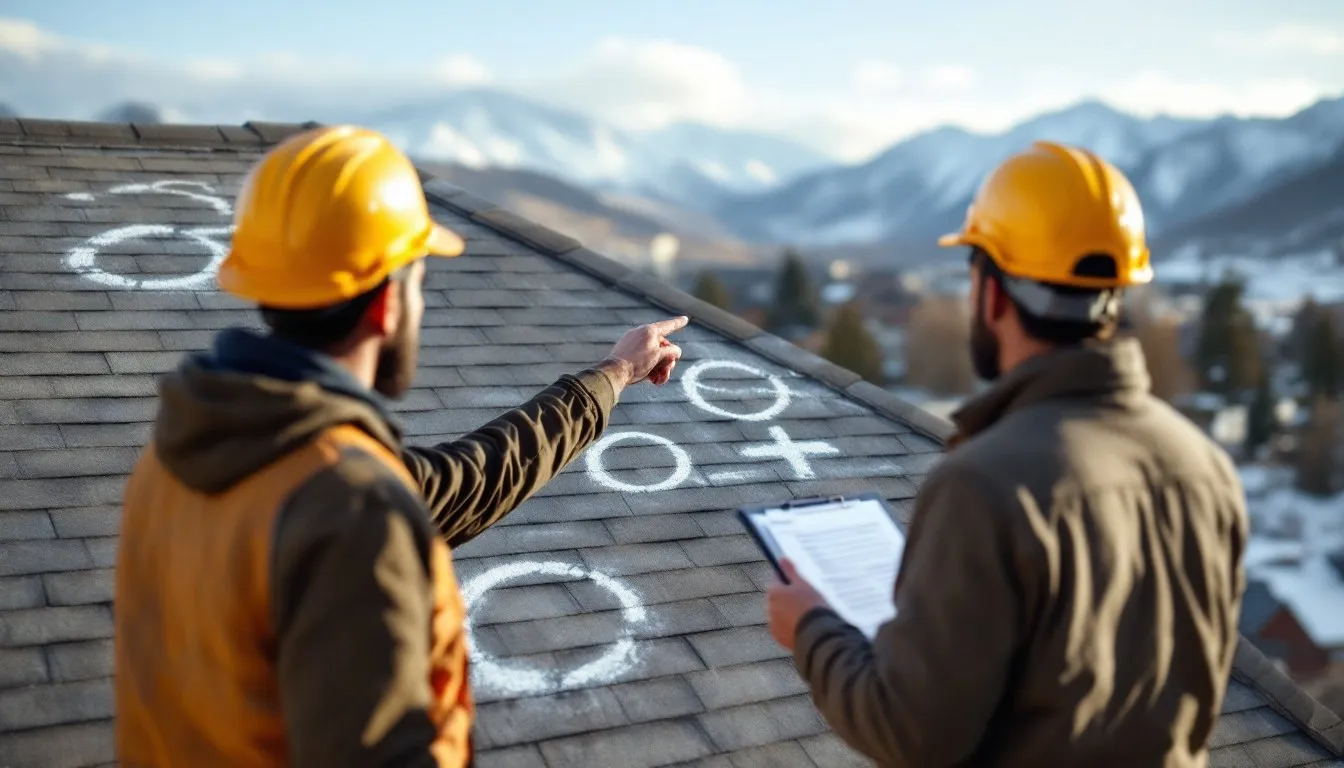 Roofer and insurance adjuster on a shingle roof reviewing chalk-marked hail damage