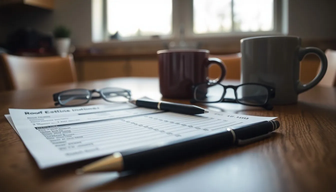 A printed roofing estimate on a kitchen table
