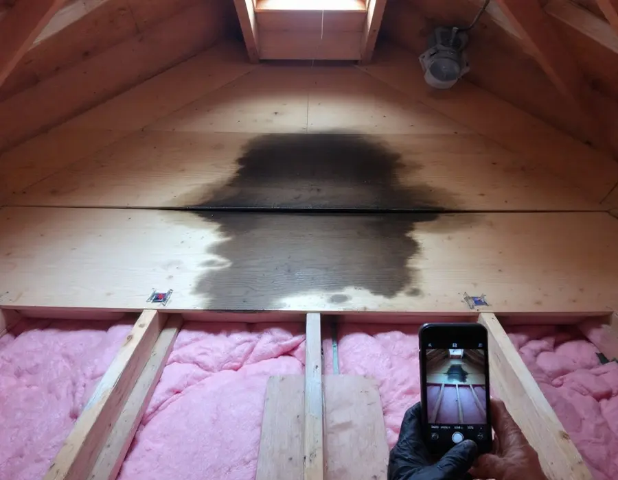 Attic inspection: a phone photographing a water stain on the underside of the roof decking