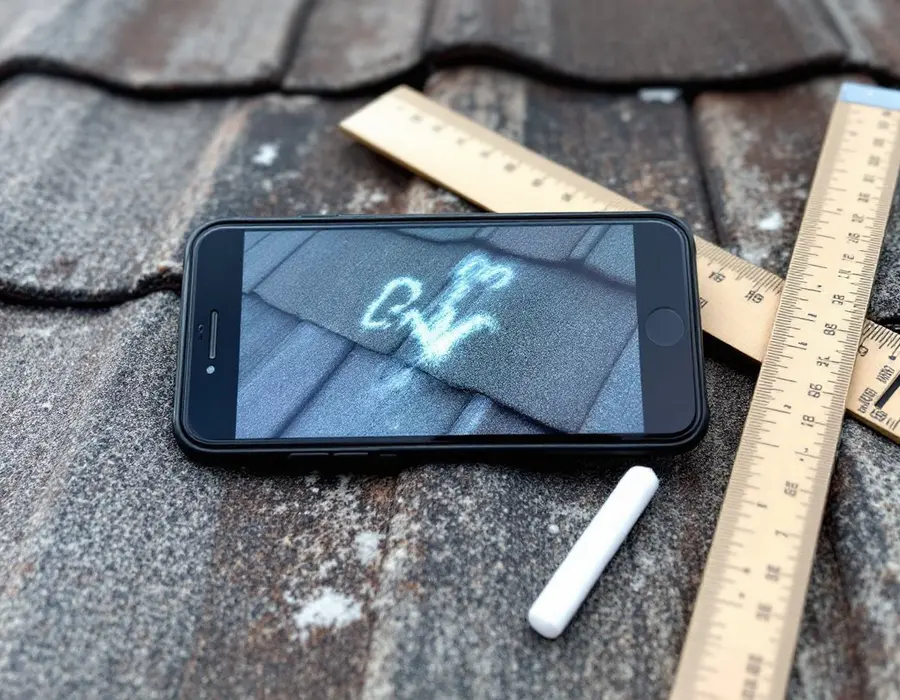Phone, chalk and ruler on the shingles during a documented inspection