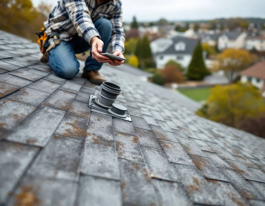 Roofer photographing a worn slope and vent boot during a free inspection