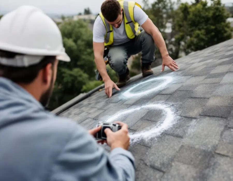 Adjuster photographing chalk-circled hail damage while the roofer points out more