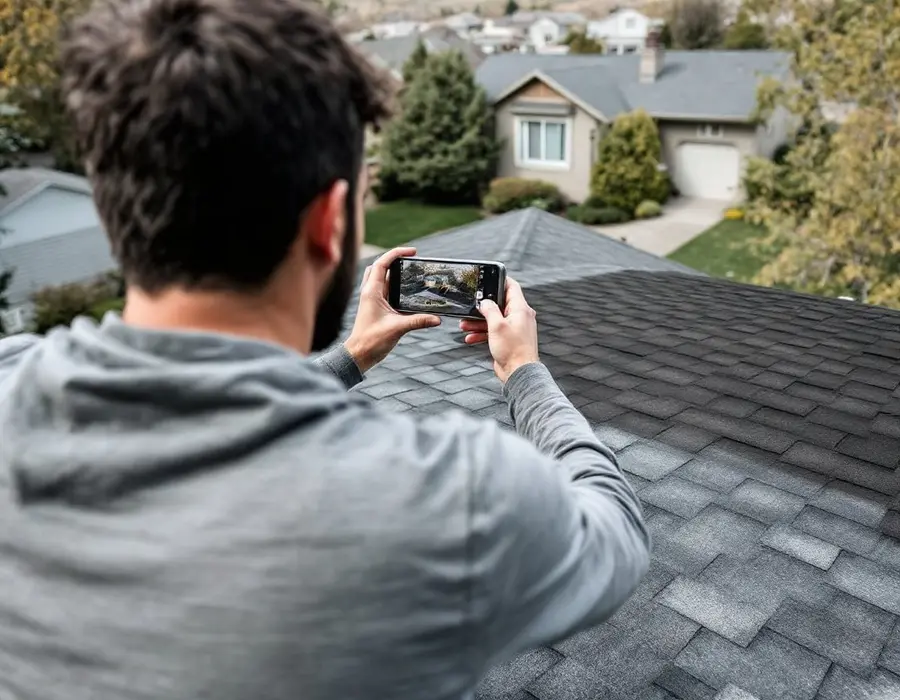 Roofer photographing a finished shingle repair on a rental home