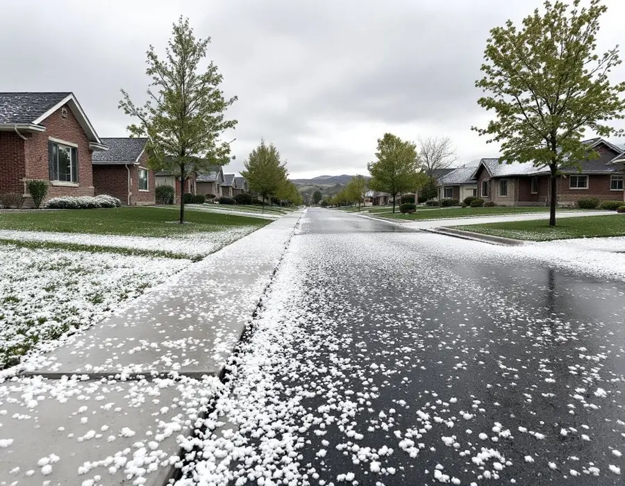 Hail scattered across a street of similar homes after a north Davis County storm