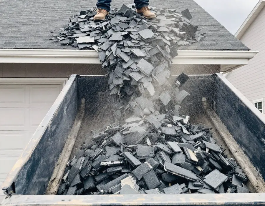Torn-off shingle layers sliding down a chute into the dumpster