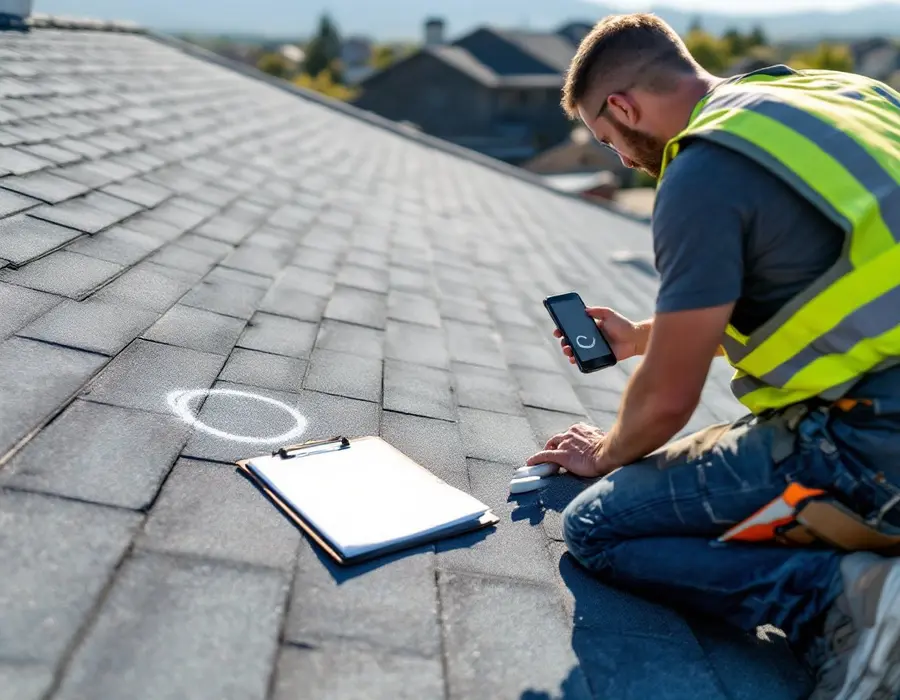 Roofer photographing a chalk-marked hail hit during a free inspection