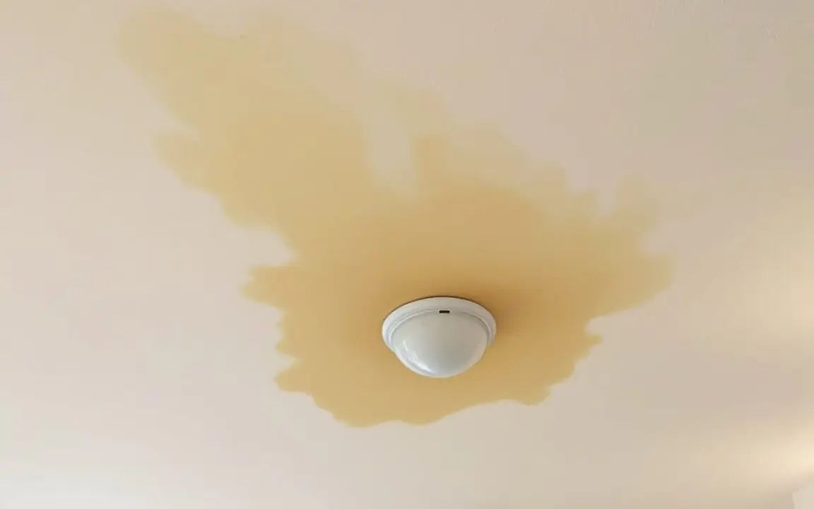 Fresh water stain spreading around a bedroom ceiling light