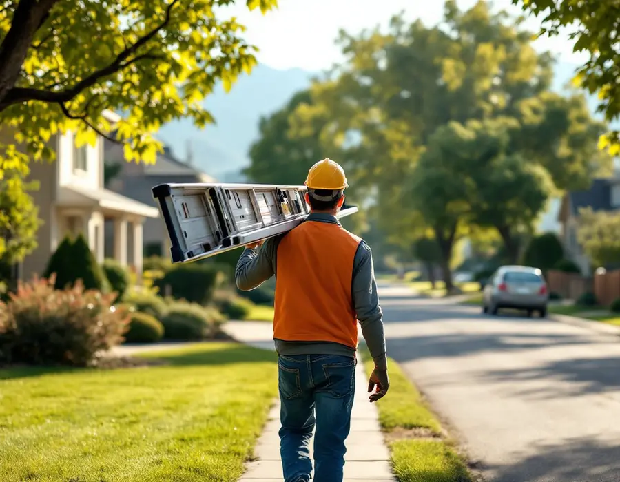 Roofer carrying a ladder up a tree-lined Farmington street