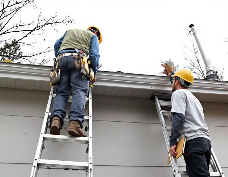 Roofer and adjuster at ladders examining the roof edge together