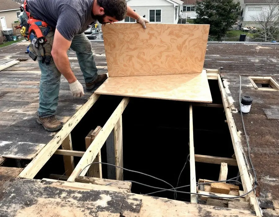New decking sheet going into a gap where soft boards were cut out of an old roof