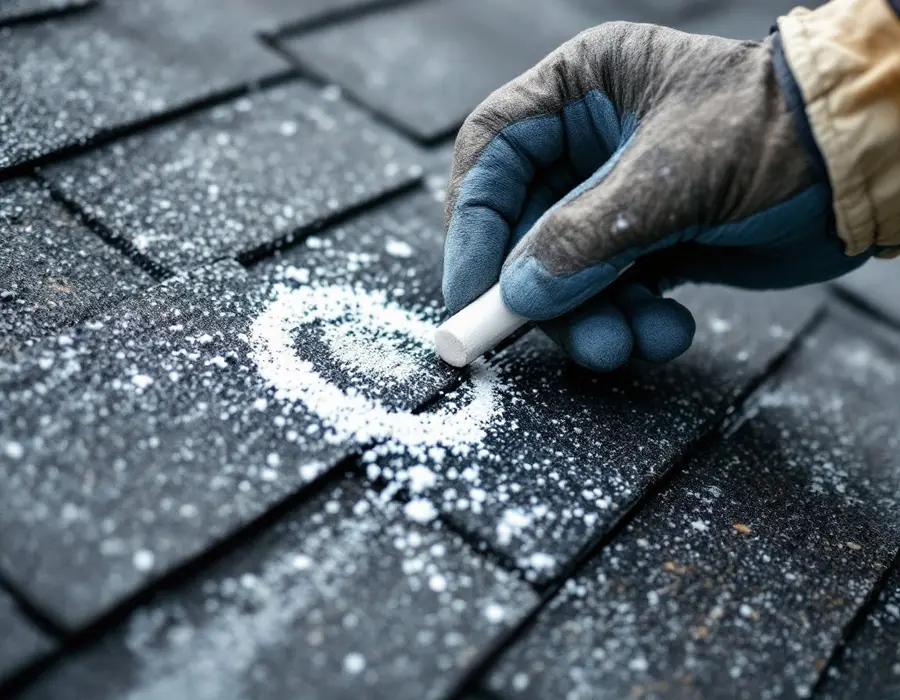 Roofer chalking a circle around a hail bruise on a shingle