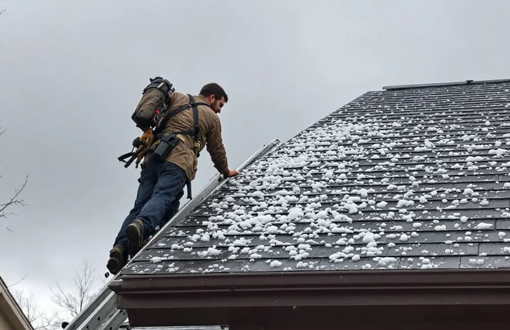 Roofer on a ladder examining a hail-covered shingle roof after a storm