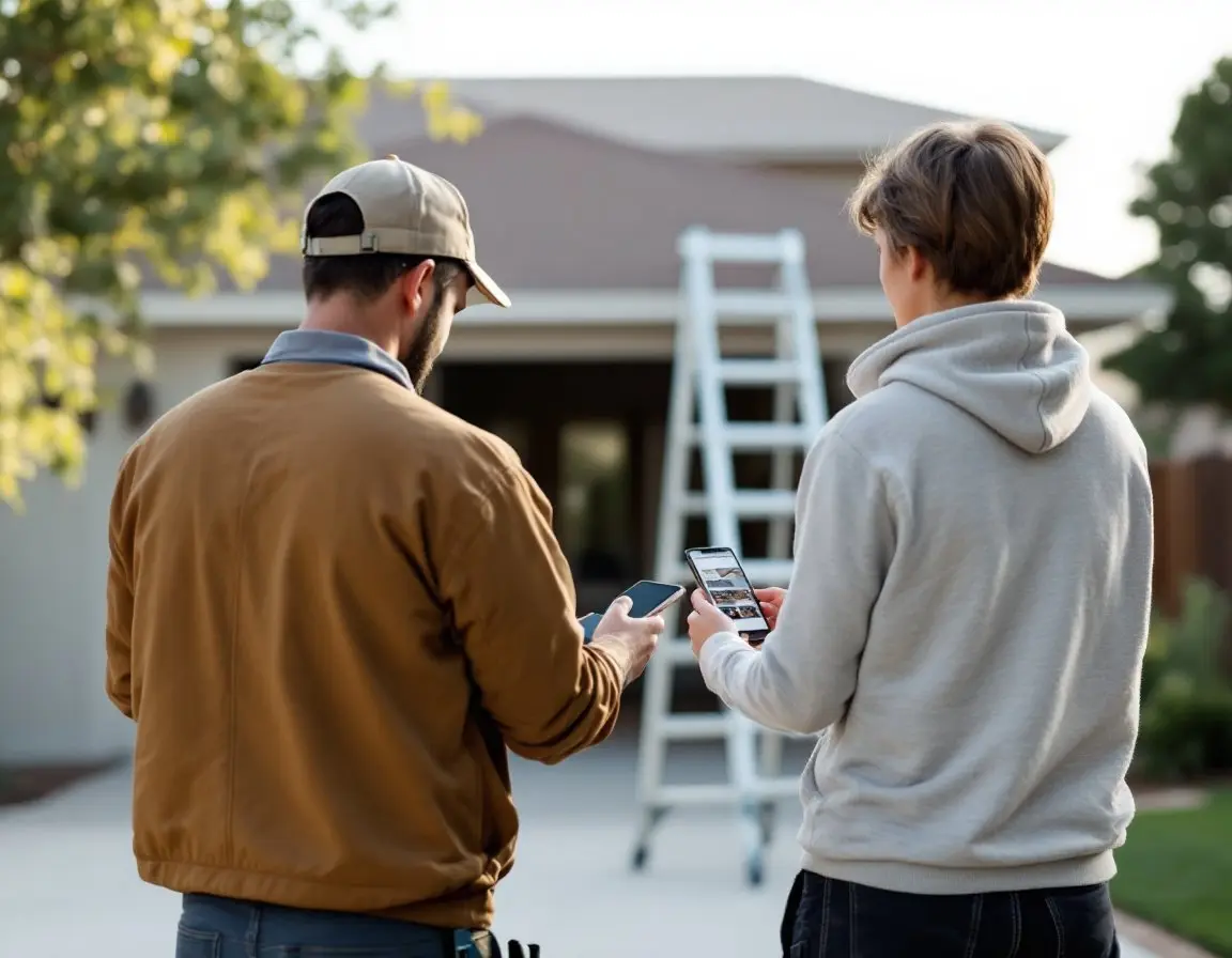 Roofer and homeowner in the driveway reviewing inspection photos on a phone
