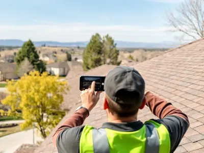 Roofer photographing a roof during a routine free inspection