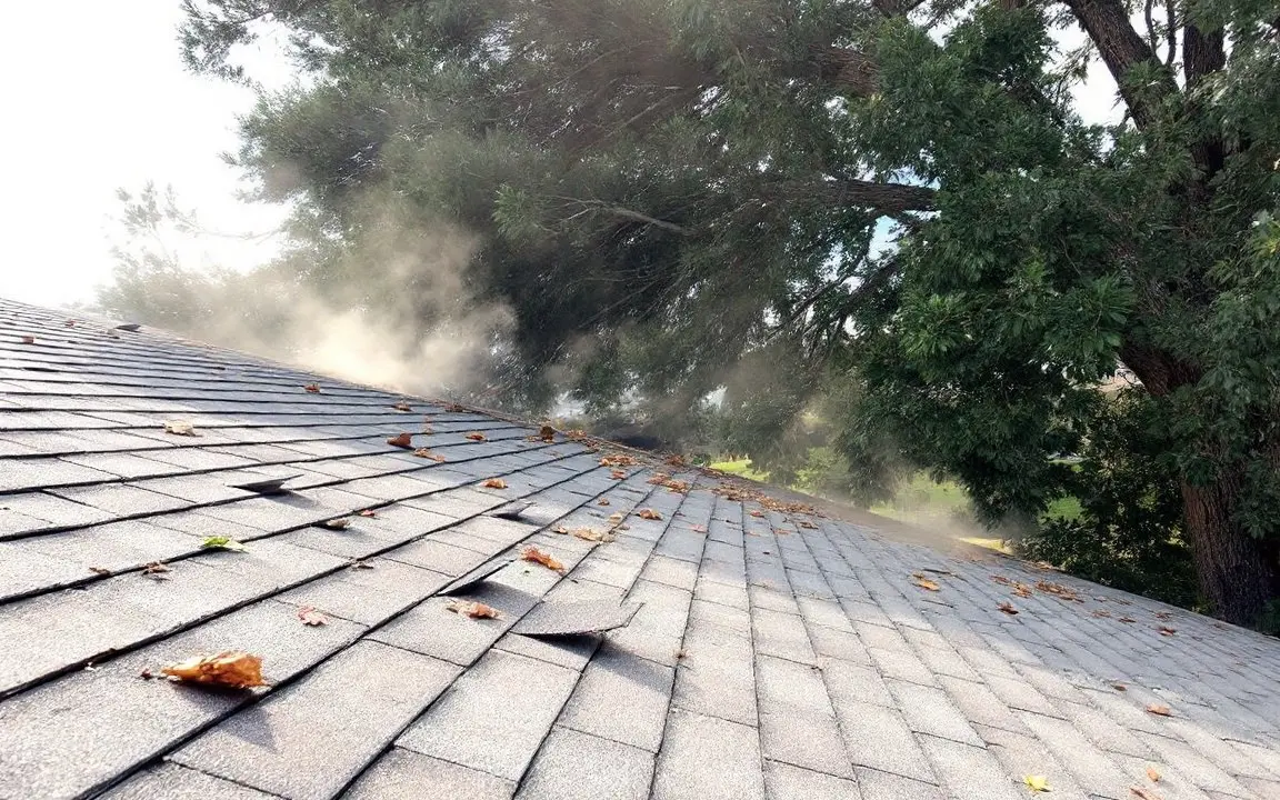 Shingle tabs lifting and leaves blowing across a roof in a canyon wind