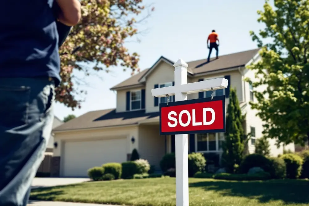 Roofer inspecting the roof of a home with a SOLD sign on the front lawn