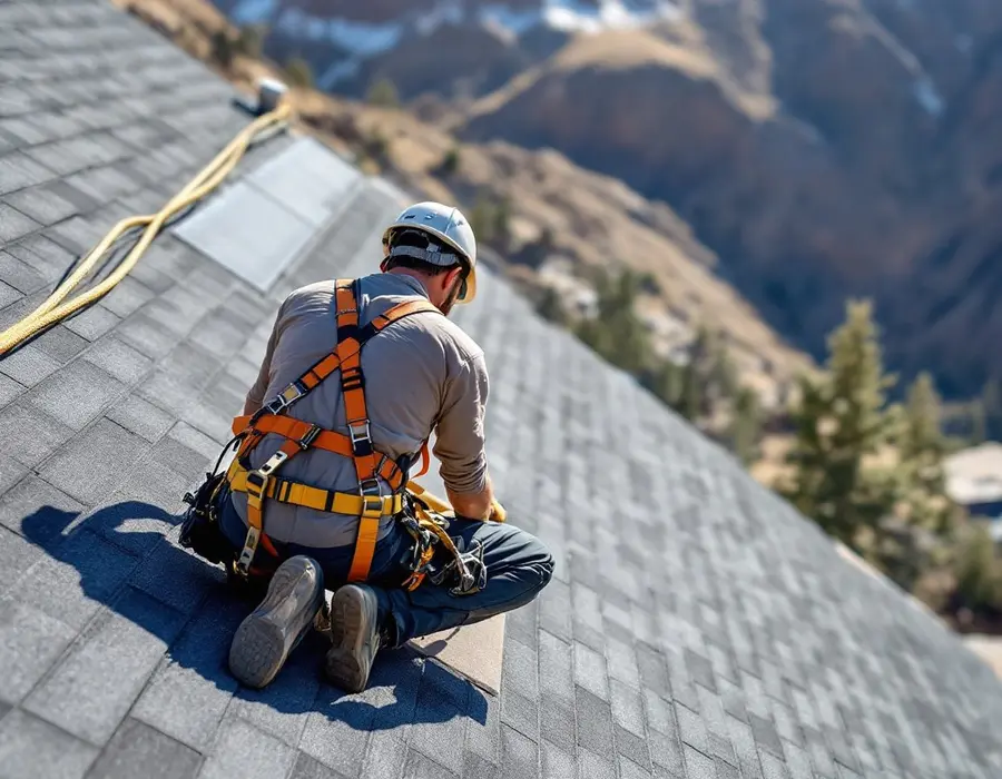 Roofer harnessed on a steep slope fitting a replacement shingle on a dry day