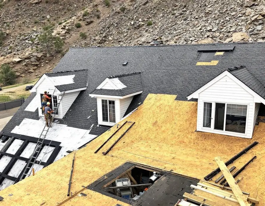 Steep dormered roof mid-tear-off, part stripped to bare decking