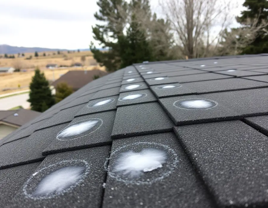 Hail bruises on an asphalt shingle roof, circled in chalk during an inspection
