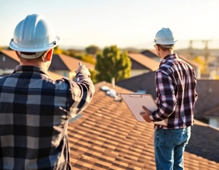 Roofer and adjuster on a roof reviewing hail damage