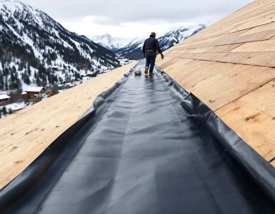Ice-and-water membrane run along the eave and up the valley on bare decking