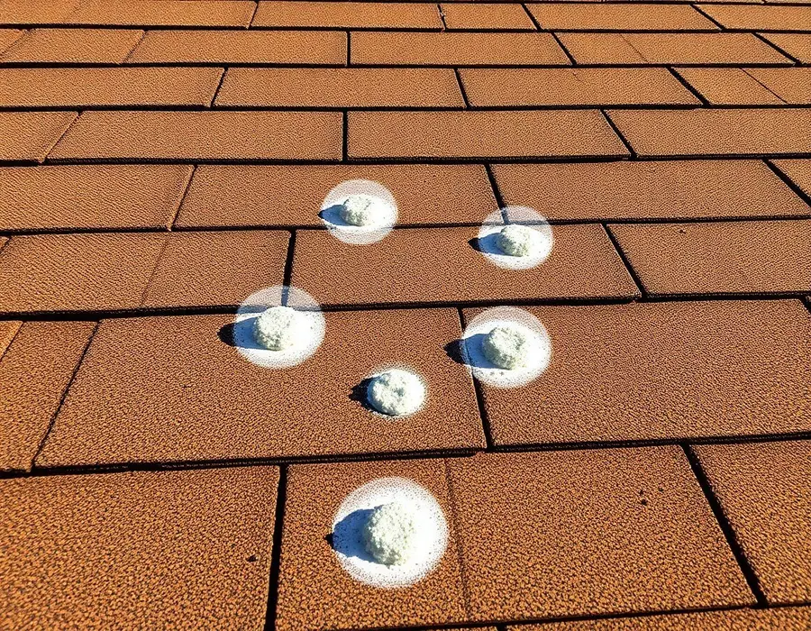 Hailstones and chalk marks on a shingle roof after a storm