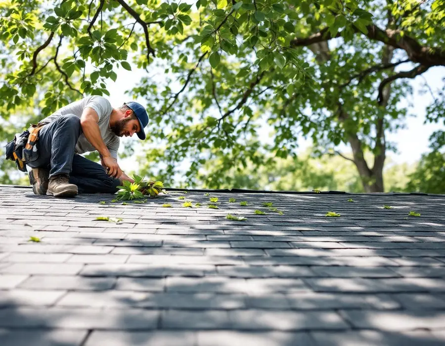 Roofer checking shingles and clearing leaves during a free inspection