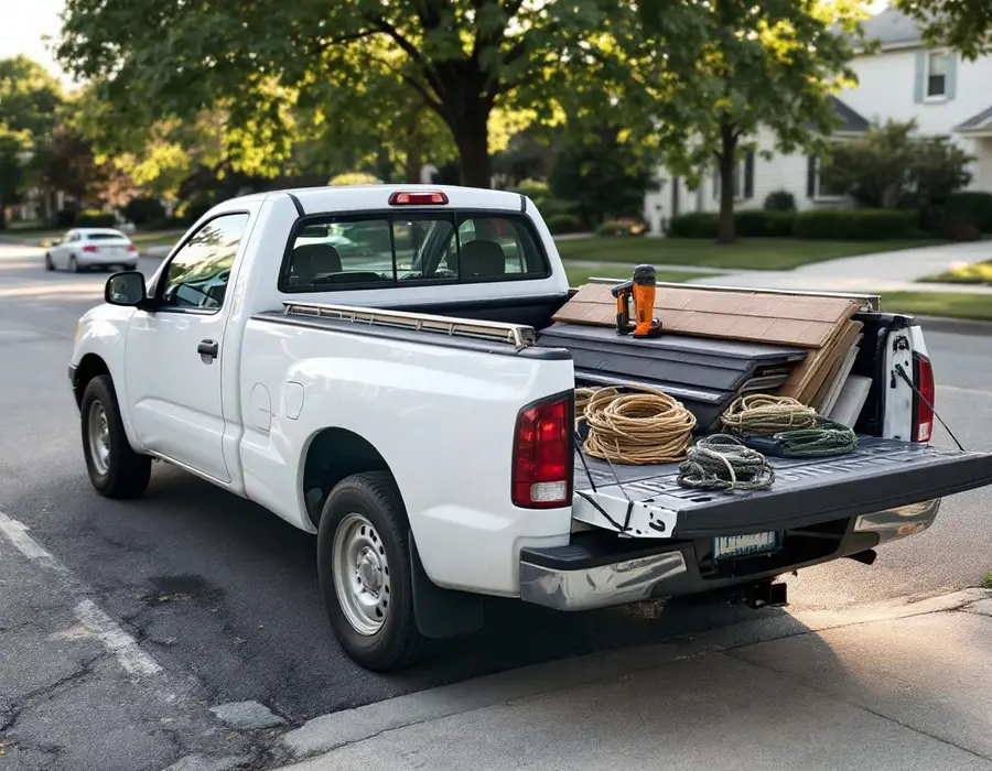 Contractor truck parked at the curb on a tree-lined Kaysville street