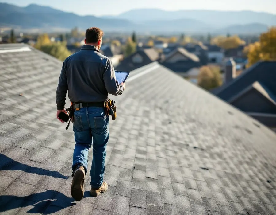 Roofer walking the ridge with a clipboard during a free inspection