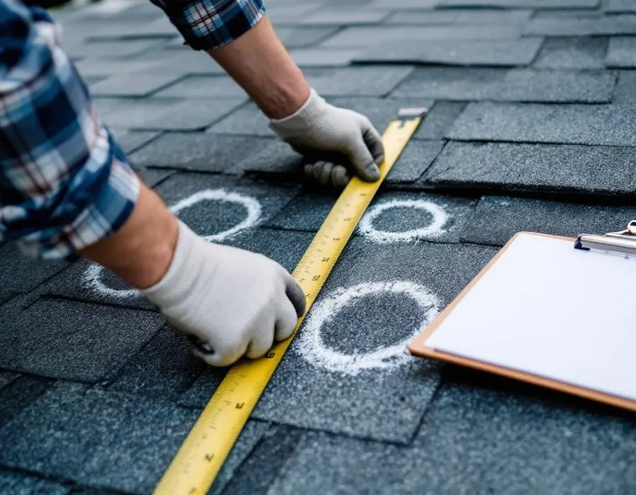 Tape measure across chalk-circled hail damage while writing a claim scope