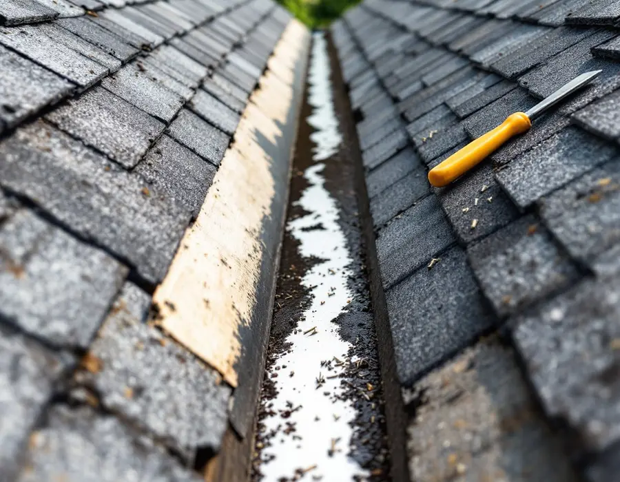 Open roof valley with the shingles cut back to a water-stained deck and new valley metal ready