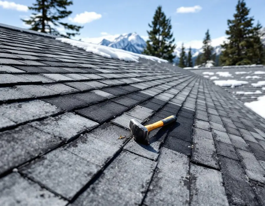 Roofing hammer and nails on a mountain-home shingle roof during a scheduled repair