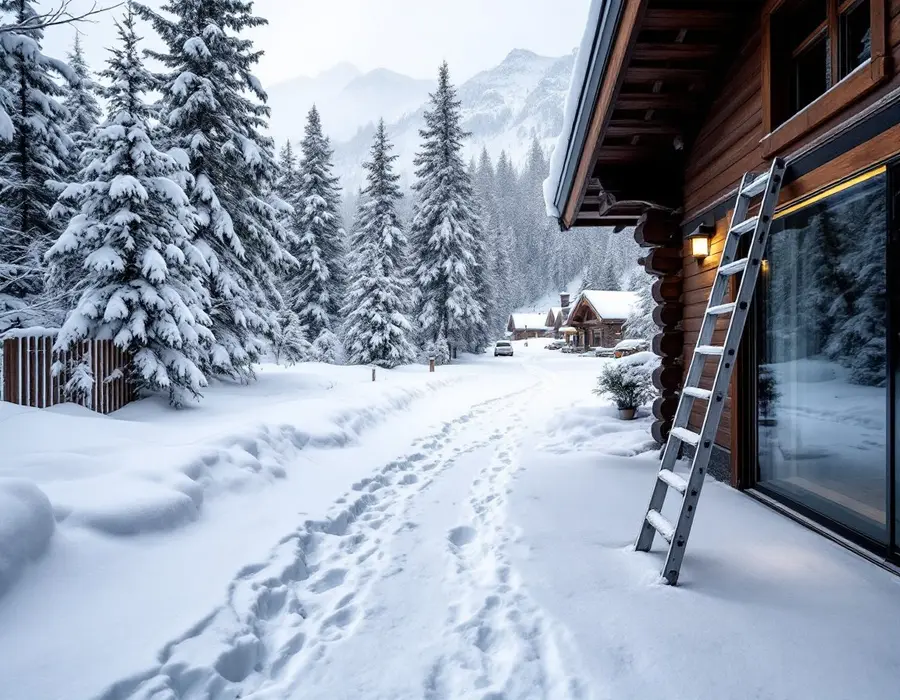 Closed-up mountain home in winter with a ladder set at the eave and untouched snow in the yard