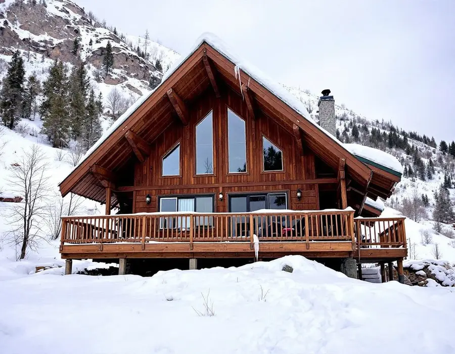 Steep-pitched chalet-style home in Midway with snow sliding toward the deck