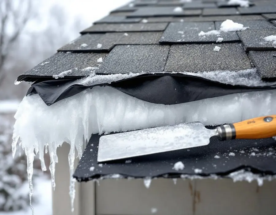 Ice dam built up at a roof eave with the lowest shingles peeled back to the ice barrier membrane