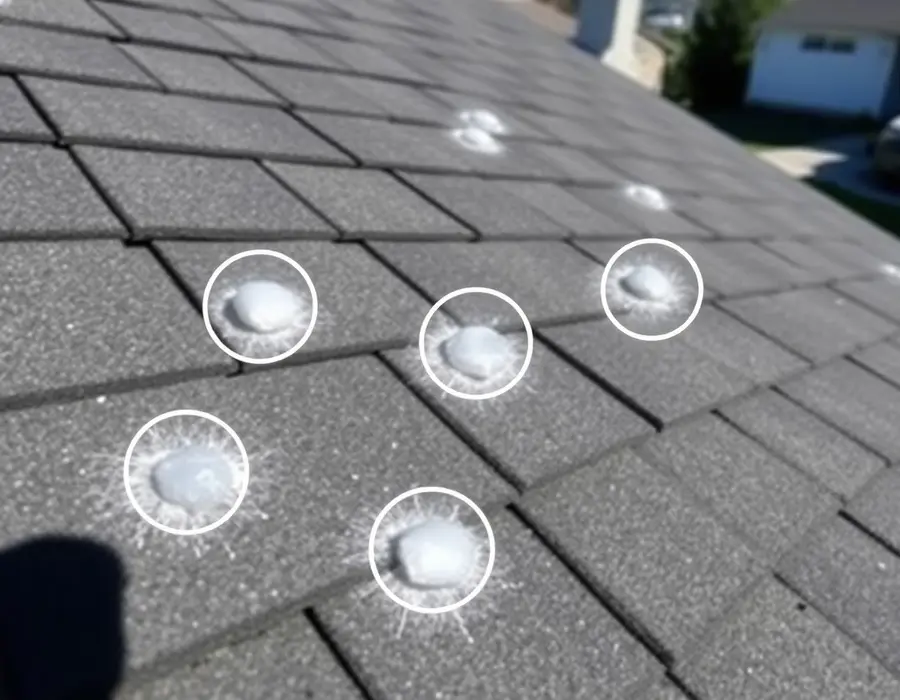 Hailstones and chalk marks on a shingle roof after a storm