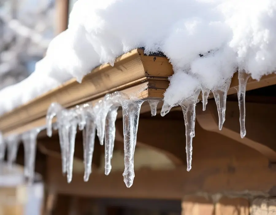 Ice and icicles packed into the gutter of an older home