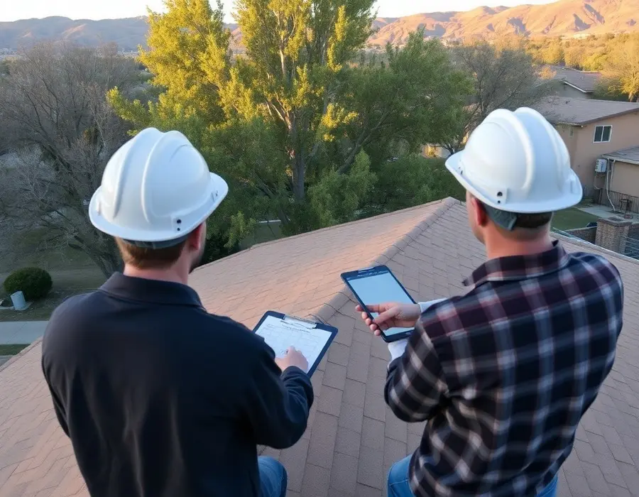 Roofer and adjuster on a roof reviewing chalk-marked hail damage