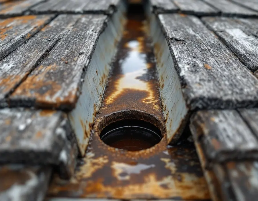 Rusted-through valley metal on an old roof with water staining the boards below