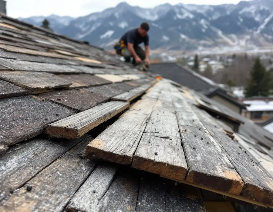 Tear-off on an old Ogden roof exposing original plank decking