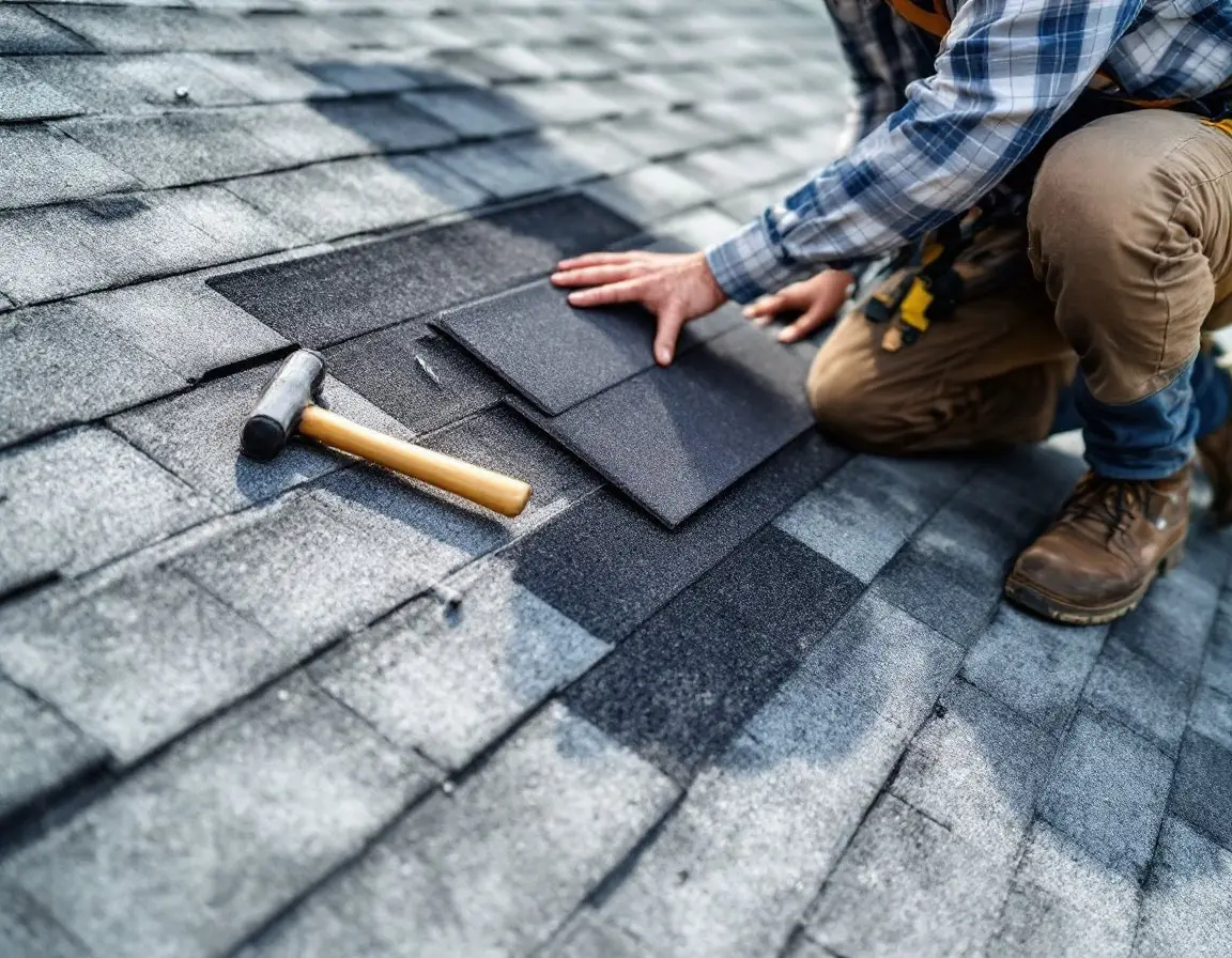 Roofer fitting a new replacement shingle into a row of older ones during a repair