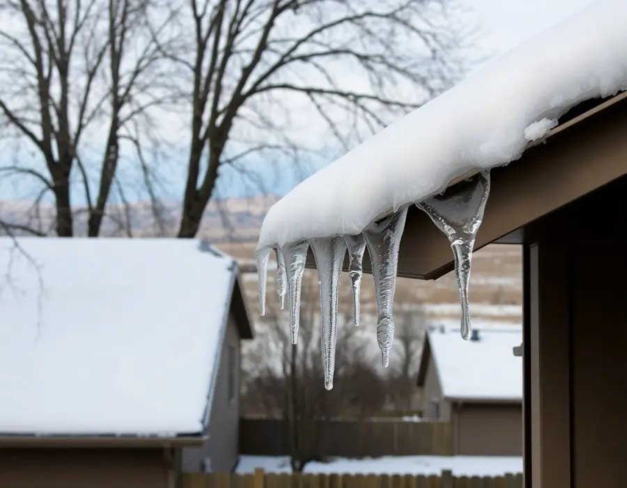 Ice dam and icicles along the eave of a snowy Utah roof