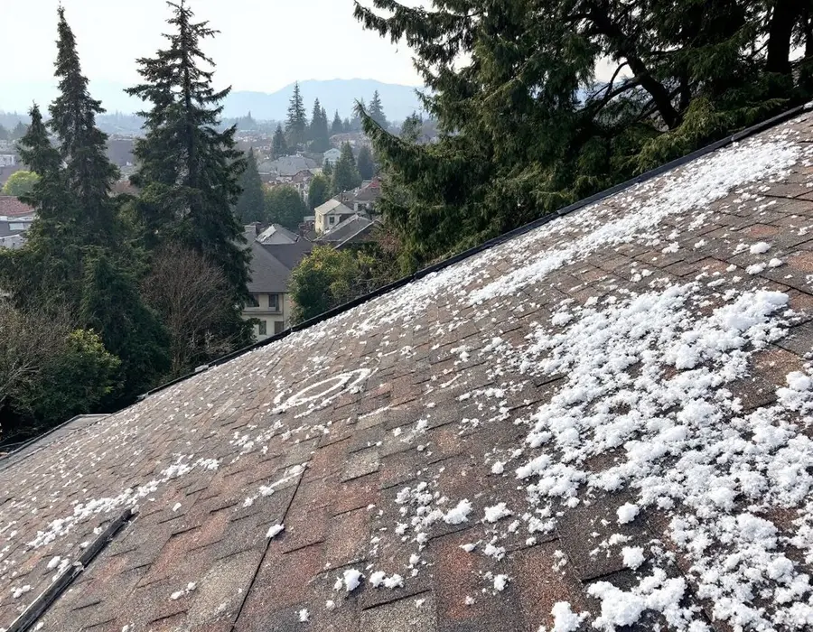 Hail on a city roof with a cracked shingle circled in chalk