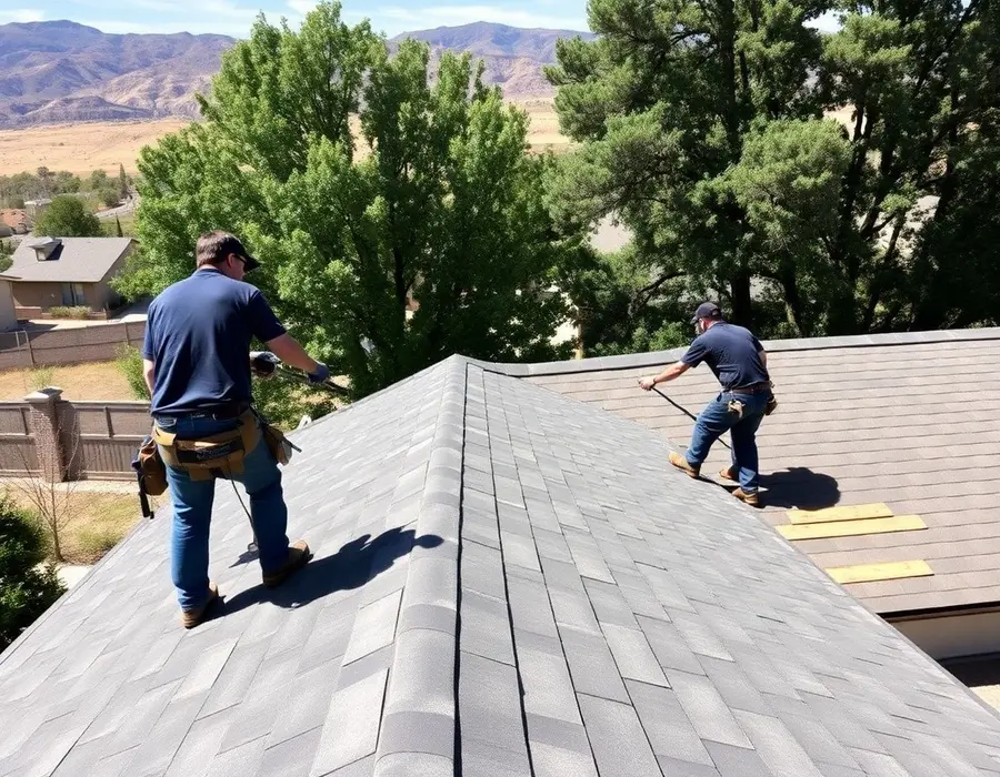 Roofers installing architectural shingles, most of the slope finished