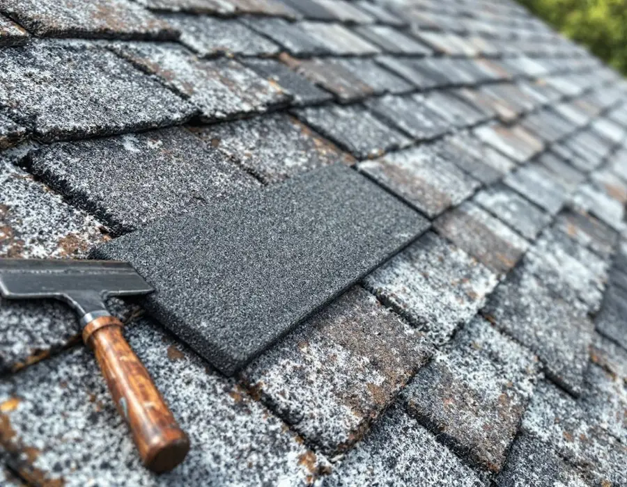 One new shingle seated into a row of weathered shingles, the course line running straight through