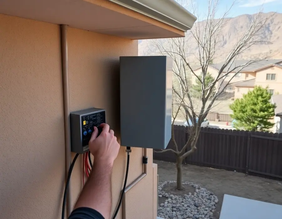 Licensed electrician working at a solar inverter