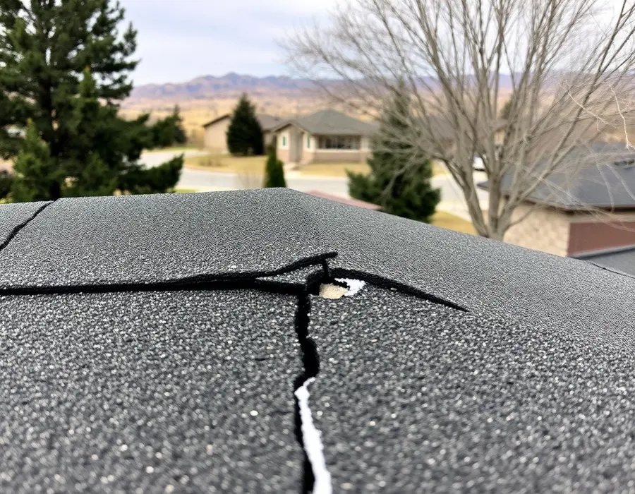 Split asphalt shingle with a visible crack after a hail storm