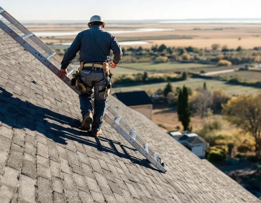 Roofer heading up the roof with a ladder, west Davis County farmland behind